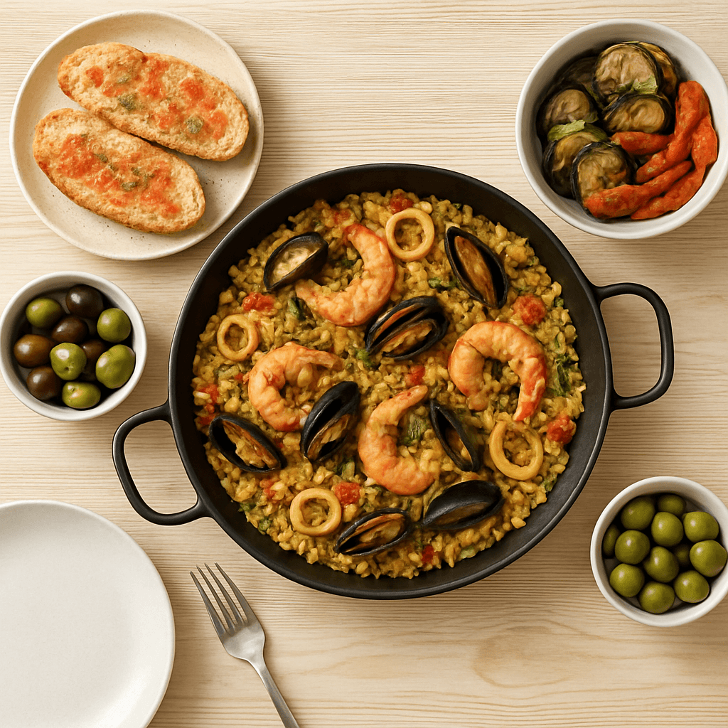 Vista cenital de auténticos platos caseros españoles sobre una mesa rústica